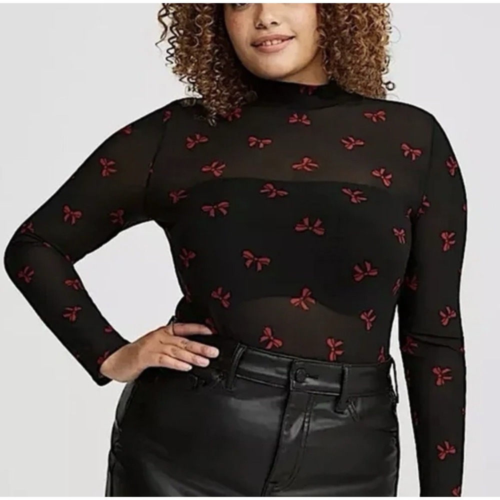 Torrid New Mesh Sheer Coquette Y2K Baddie Mock Neck Bow Long Sleeve Top 3X Black
